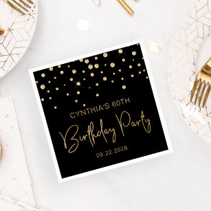 Gold Glitter Confetti 60th Birthday Party Black Napkin