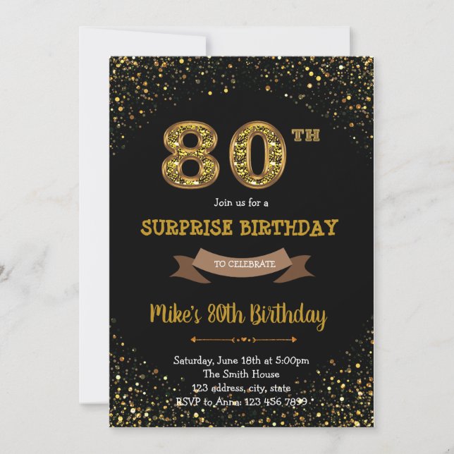 Gold glitter confetti 80th birthday invitation (Front)