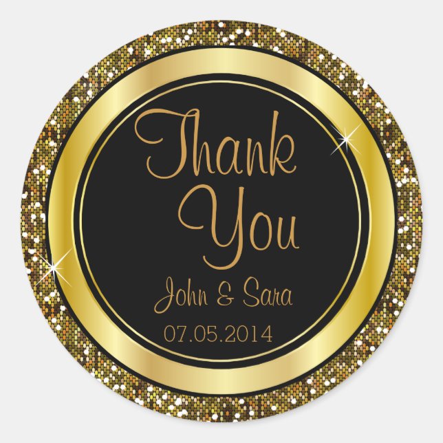 Gold Glitter Confetti and Black Elegance Classic Round Sticker (Front)