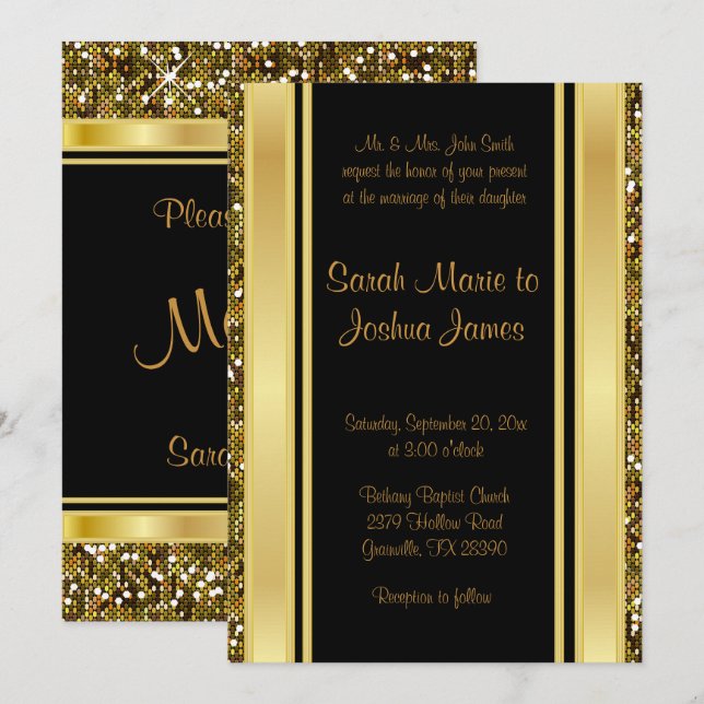 Gold Glitter Confetti and Black Elegance Invitation (Front/Back)