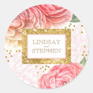 Gold Glitter Confetti and Pink Flowers Watercolor Classic Round Sticker