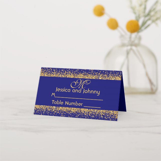 Gold Glitter Confetti and Royal Blue Place Card (Front)