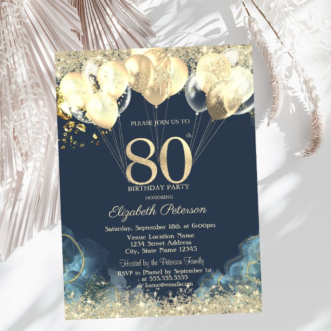 Gold Glitter Confetti Balloons Blue 80th  Invitation (Creator Uploaded)
