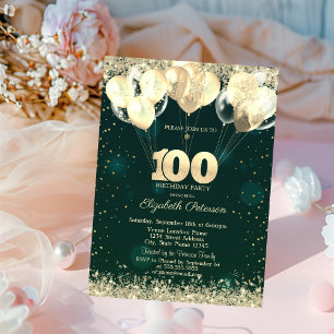 Gold Glitter Confetti Balloons Green 100t Birthday Invitation