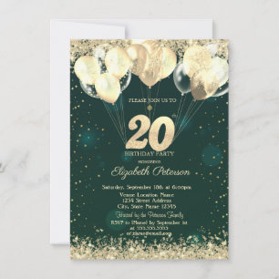Gold Glitter Confetti Balloons Green 20th Birthday Invitation