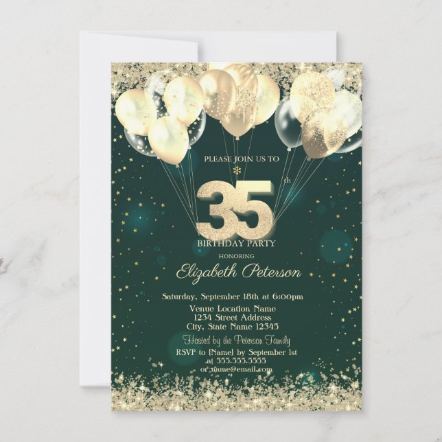 Gold Glitter Confetti Balloons Green 35th Birthday Invitation (Front)