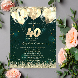 Gold Glitter Confetti Balloons Green 40th Birthday Invitation