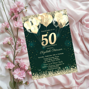 Gold Glitter Confetti Balloons Green 50th Birthday Invitation