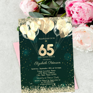 Gold Glitter Confetti Balloons Green 65th Birthday Invitation