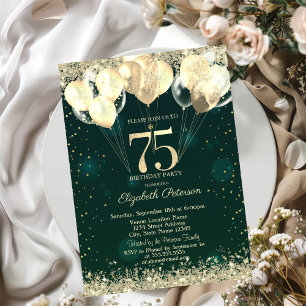 Gold Glitter Confetti Balloons Green 75th Birthday Invitation