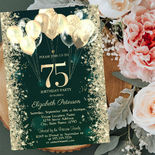 Gold Glitter Confetti Balloons Green 75th Birthday Invitation