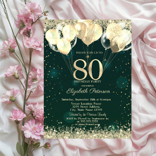 Gold Glitter Confetti Balloons Green 80th Birthday Invitation