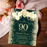 Gold Glitter Confetti Balloons Green 90th Birthday Invitation<br><div class="desc">A modern,  chic and glamourous glitter confetti,  and balloons on a green background.</div>