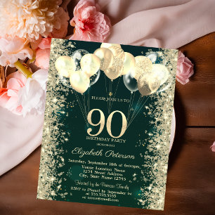 Gold Glitter Confetti Balloons Green 90th Birthday Invitation