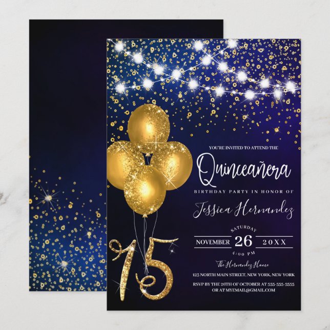 Gold Glitter Confetti Balloons Lights Quinceañera Invitation (Front/Back)