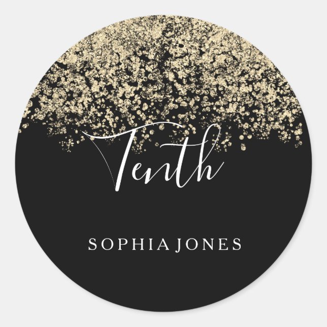 Gold Glitter Confetti Black 10th birthday party Classic Round Sticker (Front)