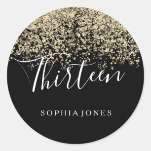 Gold Glitter Confetti Black 13th birthday party Classic Round Sticker