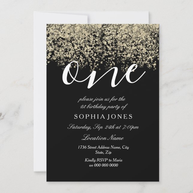 Gold Glitter Confetti Black 1st birthday party Invitation (Front)