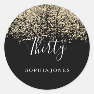 Gold Glitter Confetti Black 30th birthday party Classic Round Sticker