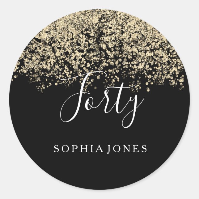Gold Glitter Confetti Black 40th birthday party Classic Round Sticker (Front)