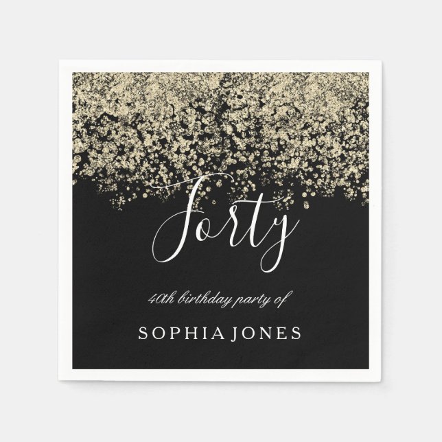 Gold Glitter Confetti Black 40th birthday party Napkin (Front)