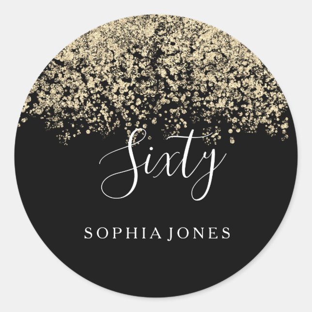 Gold Glitter Confetti Black 60th birthday party Classic Round Sticker (Front)