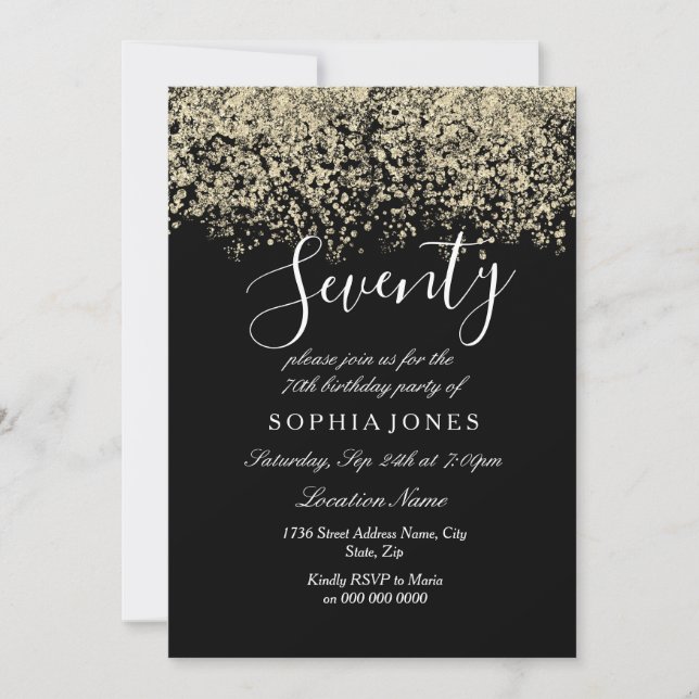 Gold Glitter Confetti Black 70th birthday party Invitation (Front)