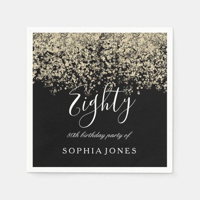 Gold Glitter Confetti Black 80th birthday party Napkin (Front)