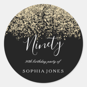Gold Glitter Confetti Black 90th birthday party Classic Round Sticker