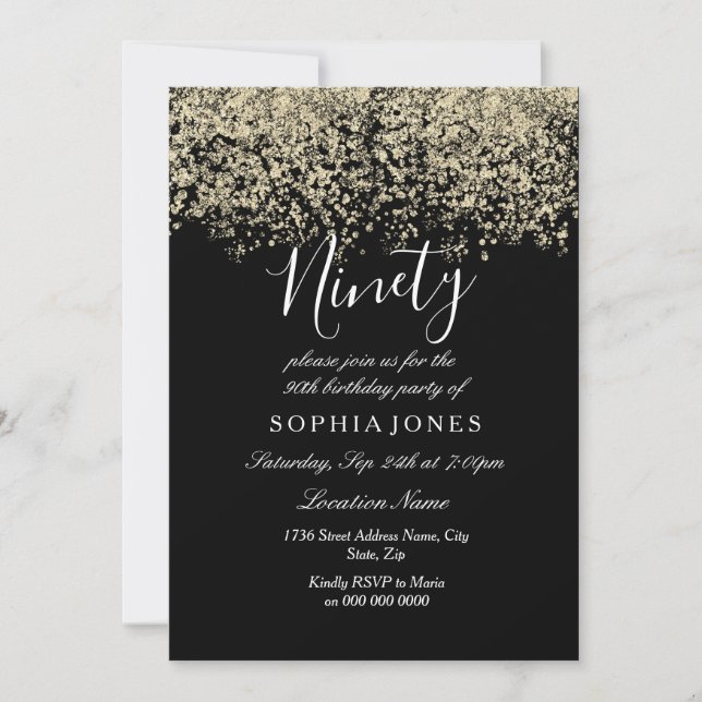 Gold Glitter Confetti Black 90th birthday party Invitation (Front)
