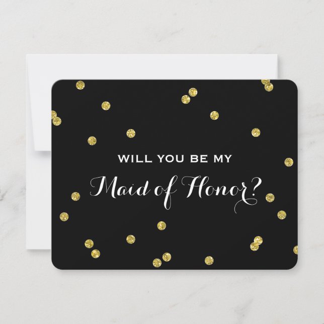 Gold Glitter Confetti Black | Maid Of Honour Invitation (Front)