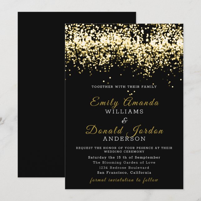 Gold Glitter Confetti Black Wedding Invitation (Front/Back)