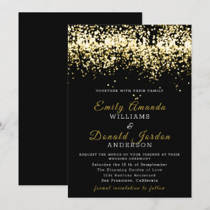 Gold Glitter Confetti Black Wedding Invitation