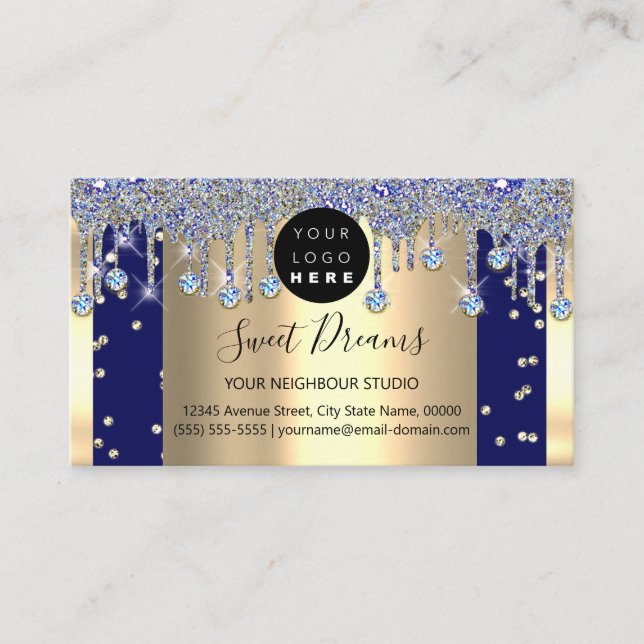 Gold Glitter Confetti Blue Navy Drips Framed Business Card (Front)