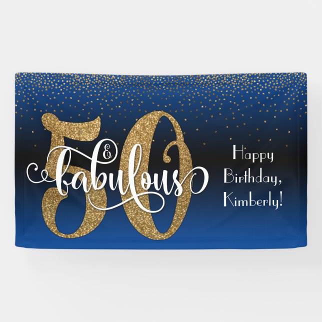Gold Glitter Confetti Blue Ombre 50 & Fabulous Banner (Horizontal)