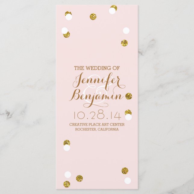 gold glitter confetti blush wedding programs programme (Front)