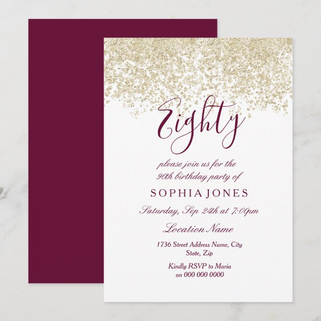 Gold Glitter Confetti Burgundy 80th birthday party Invitation (Front/Back)