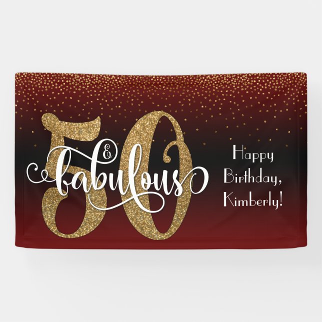 Gold Glitter Confetti Burgundy Ombre 50 & Fabulous Banner (Horizontal)