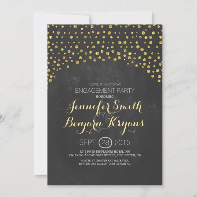gold glitter confetti chalkboard engagement party invitation (Front)