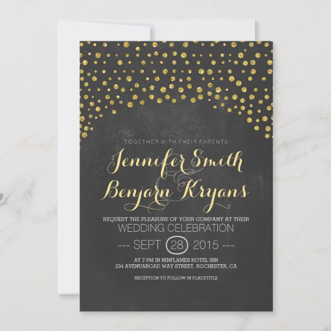 gold glitter confetti chalkboard wedding invites (Front)