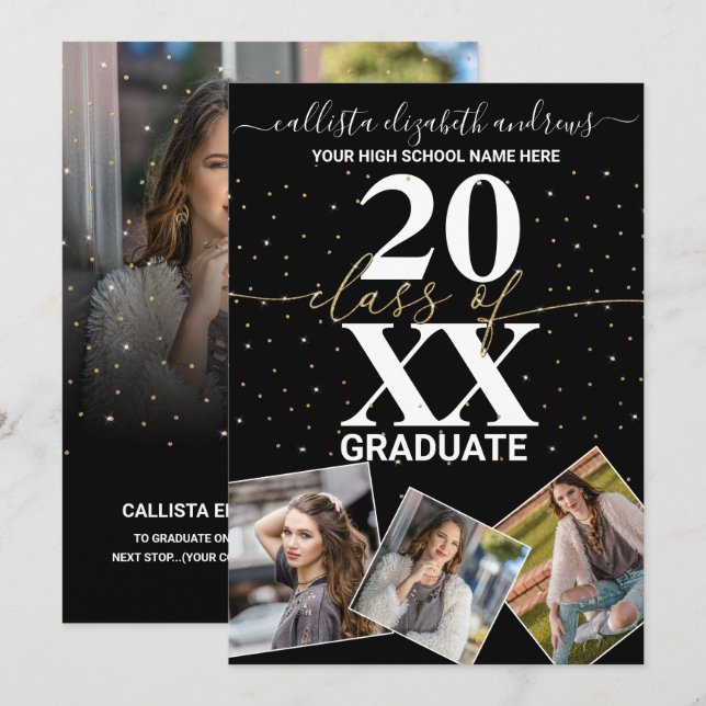 Gold Glitter Confetti Class of Graduation Photo Announcement (Front/Back)