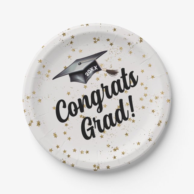 Gold Glitter Confetti Congrats Grad Graduation Hat Paper Plate (Front)