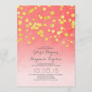 Gold glitter confetti coral pink wedding invites
