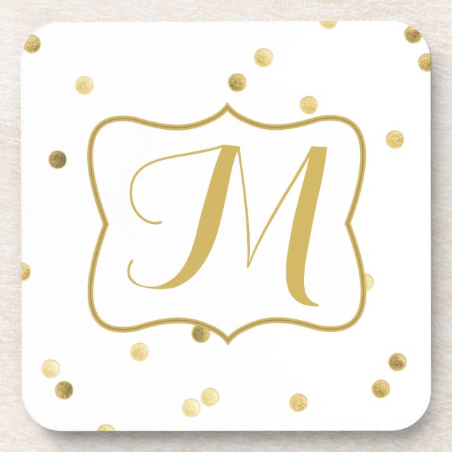 Gold Glitter Confetti Dot Monogram Drink Coaster (Front)