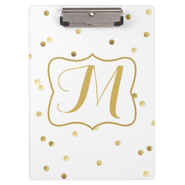 Gold Glitter Confetti Dot Polk Monogram Clip Board (Front)
