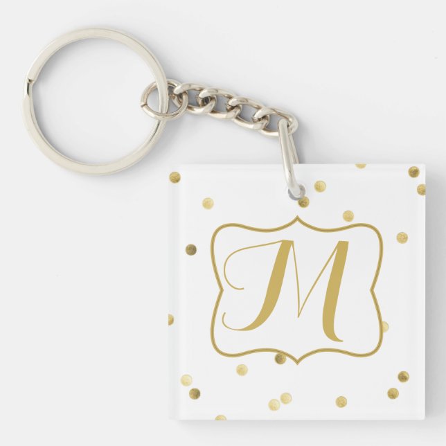 Gold Glitter Confetti Dot Polka Monogram Key Chain (Front)