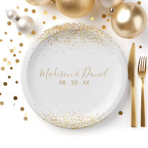 Gold Glitter Confetti Elegant Personalised Wedding Paper Plate