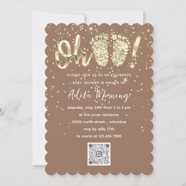 Gold Glitter Confetti Feet Baby Girl QR CODE Brown Invitation (Front)