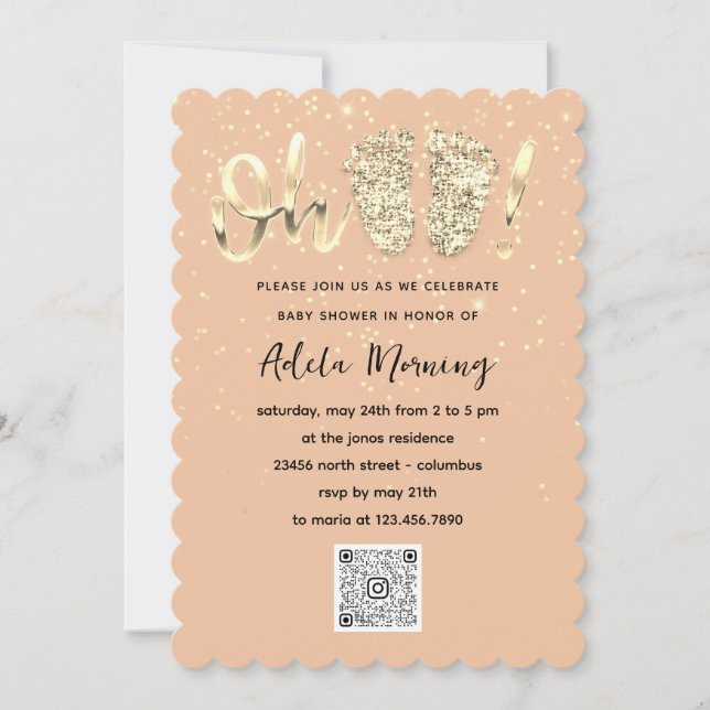 Gold Glitter Confetti Feet Baby Girl QR CODE Coral Invitation (Front)