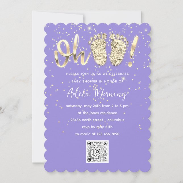 Gold Glitter Confetti Feet Baby Girl QRCODE Purple Invitation (Front)